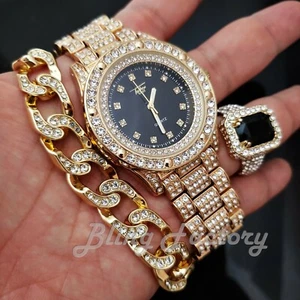 MEN HIP HOP ICED GOLD TONE BLING WATCH & BLACK RUBY RING & BRACELET COMBO SET - Picture 1 of 25