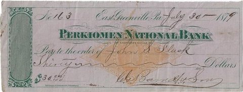 PERKIOMEN NATIONAL BANK~EAST GREENVILLE, PA~JOHN S FLUCK, SOUDERTON, PA~1879 Cover
