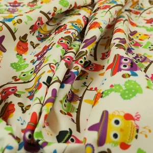 Velour Velvet Texture Upholstery Material Fabric Colourful Owls Animal Pattern - Picture 1 of 5