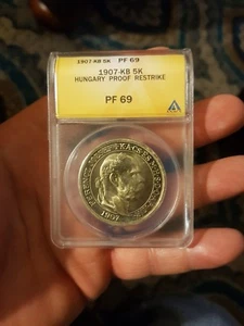 HUNGARY 1907KB 5 Korona Silver Crown Proof Restrike Pf69 anacs finest known! - Picture 1 of 3