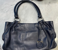 Ferragamo Handbag Gancini Hardware Blue Navy Leather small reconditioned silver