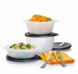 Tupperware Crystalwave 3 pc Microwave Large Set Sheer Bowls & Black Seals New - Picture 1 of 9