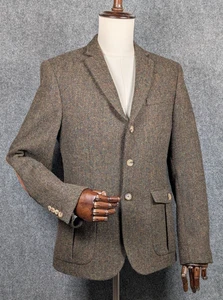 Harris Tweed x Asos Blazer Mens 40 Brown Herringbone Wool Suede Elbow Patches - Picture 1 of 17