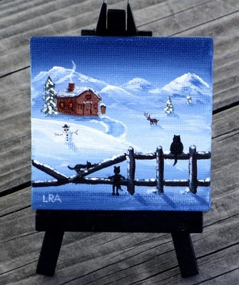 Cabaña de Invierno Gatos Negros Ciervo Pintura Mini Arte Regalo 3x3 con Caballete Creacionarts Foto 1 de 3