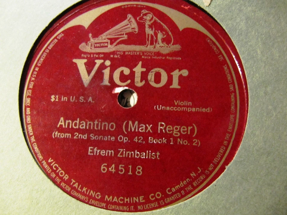1915 Max Reger Unacc. VIOLIN Sonata Op 42 Andantino EFREM ZIMBALIST VICTOR 64518 - Image 1 of 1