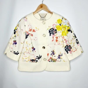Ted Baker Size 1 Cream Floral Summer Bloom 3/4 Sleeve Cropped Button Up Jacket - Picture 1 of 15