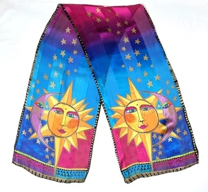 Laurel Burch Sun Moon Stars Silk Scarf Celestial Semi Sheer Stripes Colorful - Picture 1 of 3