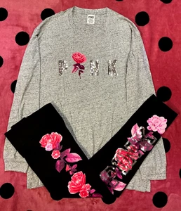 Victoria's Secret Campus-T-Shirt + Leggings rosa Glitzer Blumen Set Rosen L neu in Verpackung - Bild 1 von 10