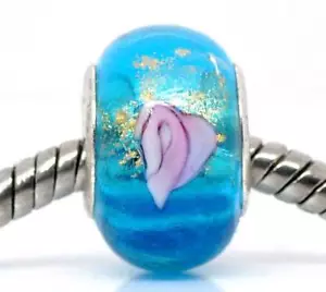 10 Perline Bracciale Europeo Vetro Lampwork Blu Acqua Nucleo Placcato Argento Nuovo - Foto 1 di 5
