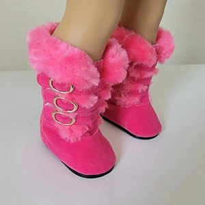 Winter boots, pink suede, fur trim, gold buckles, straps, shoes for 18" dolls - Picture 1 of 3
