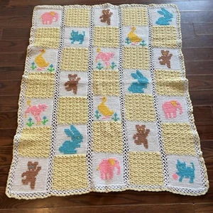 VINTAGE Crochet Baby Blanket with Animals 47x37 Bunny Duck Elephant Bear Cat - Picture 1 of 11