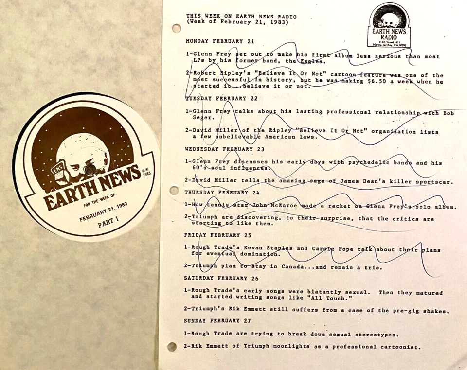 2/21/83 EARTH NEWS RADIO EXTENDED INTERVIEWS w/GLENN FREY (4), TRIUMPH (4) - Image 1 of 1