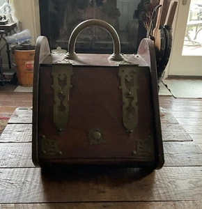 Antique Wooden & Brass Coal Scuttle Box W/ Bellows 1800’s - Picture 1 of 9
