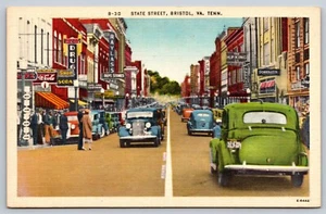 State Street Bristol Virginia Tennessee Postcard Old Cars Signs Coca Cola - Picture 1 of 2