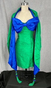 Vtg 1980s Kelly Green Raw Silk Mini Dress 3 Piece Outfit Sz XS Halloween - Picture 1 of 12