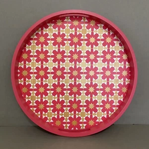 Target Threshold Round Wood Handled Serving Tray ~ Red, White & Wood Tone Design - Picture 1 of 12