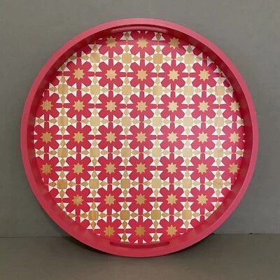 Target Threshold Round Wood Handled Serving Tray ~ Red, White & Wood Tone Design - Image 1 of 4