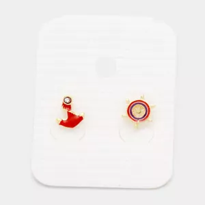Red Women's Anchor Ship Wheel Stud Earrings - Picture 1 of 1