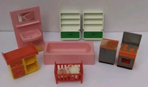 Kunststoff Puppenhaus Möbel Lot Badezimmer Kinderzimmer Küche Miniatur Spielzeug 8 Stck Vintage - Bild 1 von 11