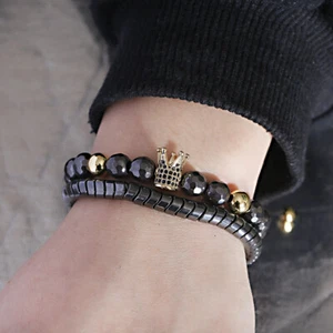 2Pcs Hematite Magnetic Therapy Bracelet Energy Hematite Crown Men Bracelets Set - Picture 1 of 5