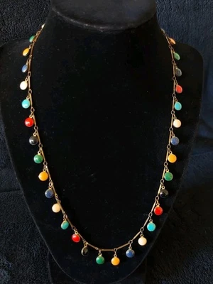 Atq Vtg Art Deco Glass & Multi-Colored Dangle Bezel Mount Bead Brass Necklace - Image 1 of 4