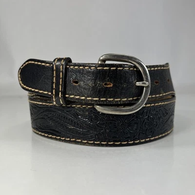 Cinturón de cuero de vaca vintage negro en relieve de grano superior - Hecho en EE. UU. - Para mujer talla 36 Foto 1 de 4