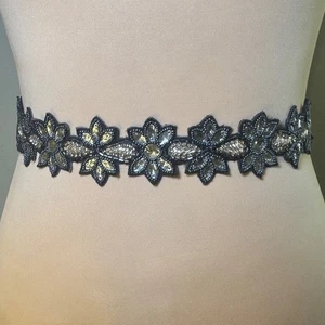 Anthropologie Black Faux Diamond Studded Woven Ribbon Tie Belt Bling - Picture 1 of 9