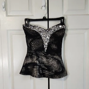 Top vintage Jacaranda negro plata con cuentas talla SM 90s elástico Y2K adornado - Imagen 1 de 7