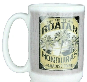 Taza de café de cerámica vintage Roatán Honduras "Paradise Found" mango ancho "D" nueva - Imagen 1 de 5