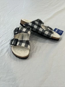 Sandalia Birkenstock Arizona de lana de oveja, cuadros blancos y negros, 39 EU 8-8,5US - Imagen 1 de 14