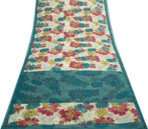 Sushila Vintage Floral Cream Saree 100% Pure Georgette Silk Printed Craft Fabric - Picture 1 of 9