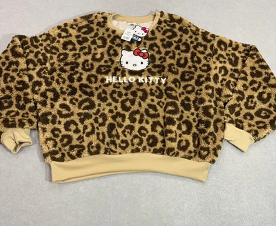 Hello Kitty Sweatshirt Womens Medium Brown Leopard Fuzzy Sherpa Sanrio Crewneck - Image 1 of 4