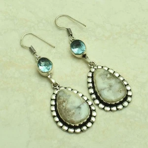 Crazy Lace Agate Blue Topaz Gemstone Drop Dangle Earrings Jewelry 2.4" AE-45707 - Picture 1 of 1