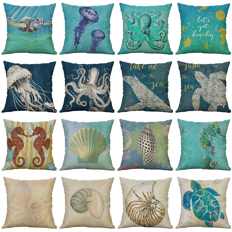 Sea Octopus Conch Printing Cotton Linen Pillow Case Cushion Cover Home Decor - Image 1 of 1