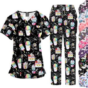 Lightweight Print Medical Scrub Set Doctor Nurse Uniform Unisex- Straight V-Neck - Picture 1 of 35