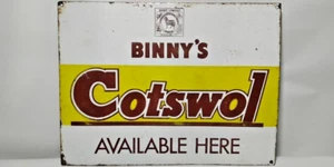 Antiguo tablero de letreros vintage Binny's Cotswol disponible aquí raro de porcelana esmaltada - Imagen 1 de 2