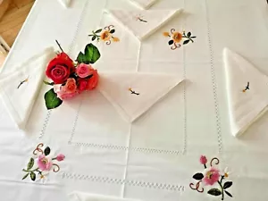 Tovaglia x12 Misto lino (60%Lino E 40%Cotone) ricamo punto pieno Fiori a mano - Foto 1 di 12