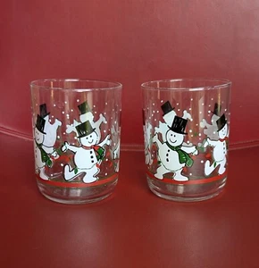 Vintage Set of 2 LIBBEY Frosty SNOWMAN Scarf WINTER Drinking Rocks Glasses - Picture 1 of 9