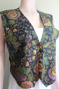Matchups Size M L Beaded Batik Cotton Vest Waistcoat Button Up Green Black - Picture 1 of 6