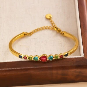 Fashion Woman 18K Gold Plated Heart Mutilcolor CZ Bracelet Opening Bangle - Picture 1 of 5