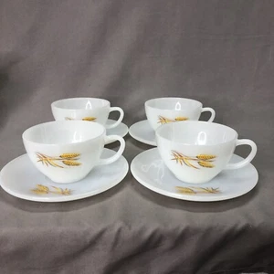 VINTAGE FIRE KING GOLDEN WHEAT HARVEST 5 OZ CUP AND SAUCER SET LOT OF 4 - Picture 1 of 5