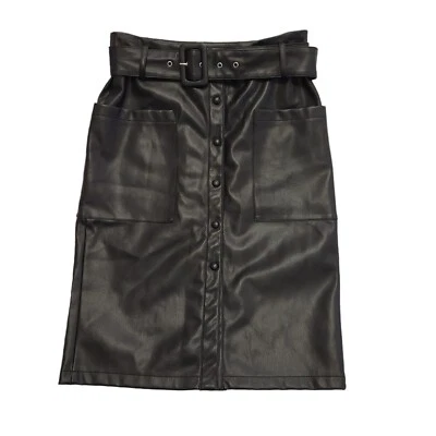 Vila Black Leather Look Belted Snap Button Skirt Womens UK Size 8 W26 CC39 - Image 1 of 4