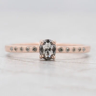 0.32 Ct Oval Cut Salt And Pepper Diamond Ring 14K Rose Gold Engagement Gift Ring - Image 1 of 4