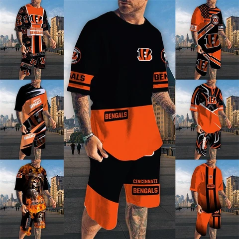 Cincinnati Bengals Mens 2pcs Outfits Short Sleeve Top Pockets Board Shorts Gift Cover