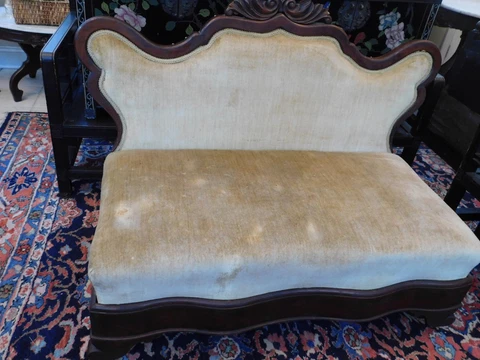Victorian Mahogany Carved Slipper Sofa Gold Velvet Upholstery 35 1/2" H x 46" W Cover