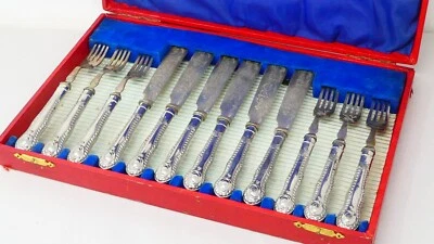 Victorian Silver Plated Fish Cutlery Set 12 Piece Ornate Design in Red Case - Image 1 of 4