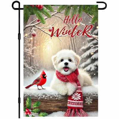 Hola Invierno Jardín Bandera 12X18 Pulgadas Lindo Perro y Escena Nevada Navidad Jardín Fl Foto 1 de 4