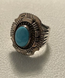 Navajo Turquoise Ring Sterling by G. Spencer Hand Stamped Size 8 - Picture 1 of 8