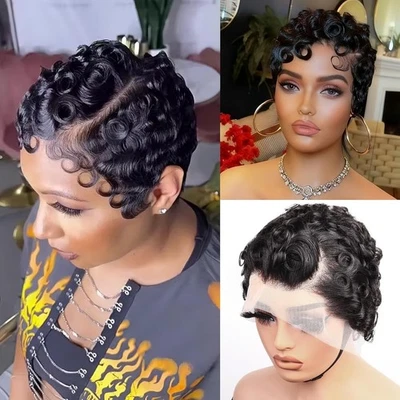 Short Curly Pixie Cut 13x4 HD Lace Front Human Hair Wig #1B Natural Black - Image 1 of 4