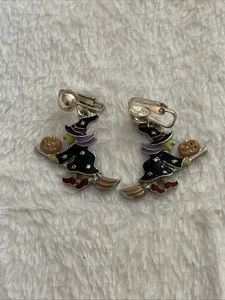 VTG Halloween Enamel Drop Earrings Witch Flying Broomstick Clip On - Picture 1 of 4